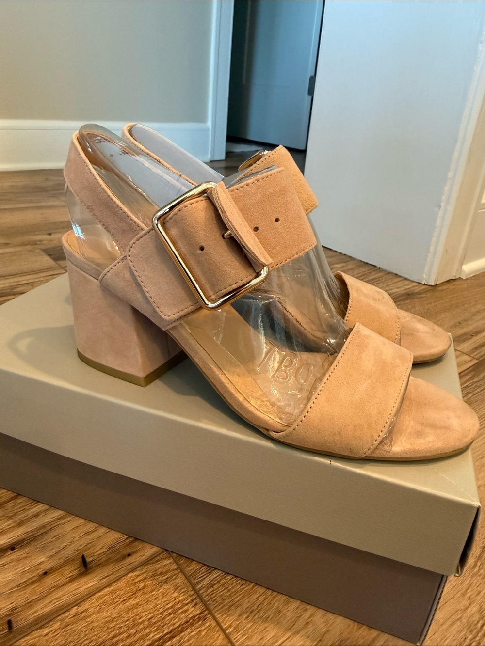 Franco Sarto Suede Block Heel Sandals in Blush with Buckle